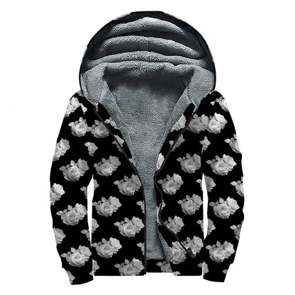 Monochrome Rose Pattern Print Sherpa Lined Zip Up Hoodie