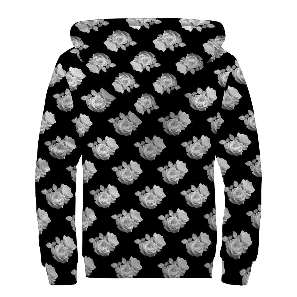 Monochrome Rose Pattern Print Sherpa Lined Zip Up Hoodie