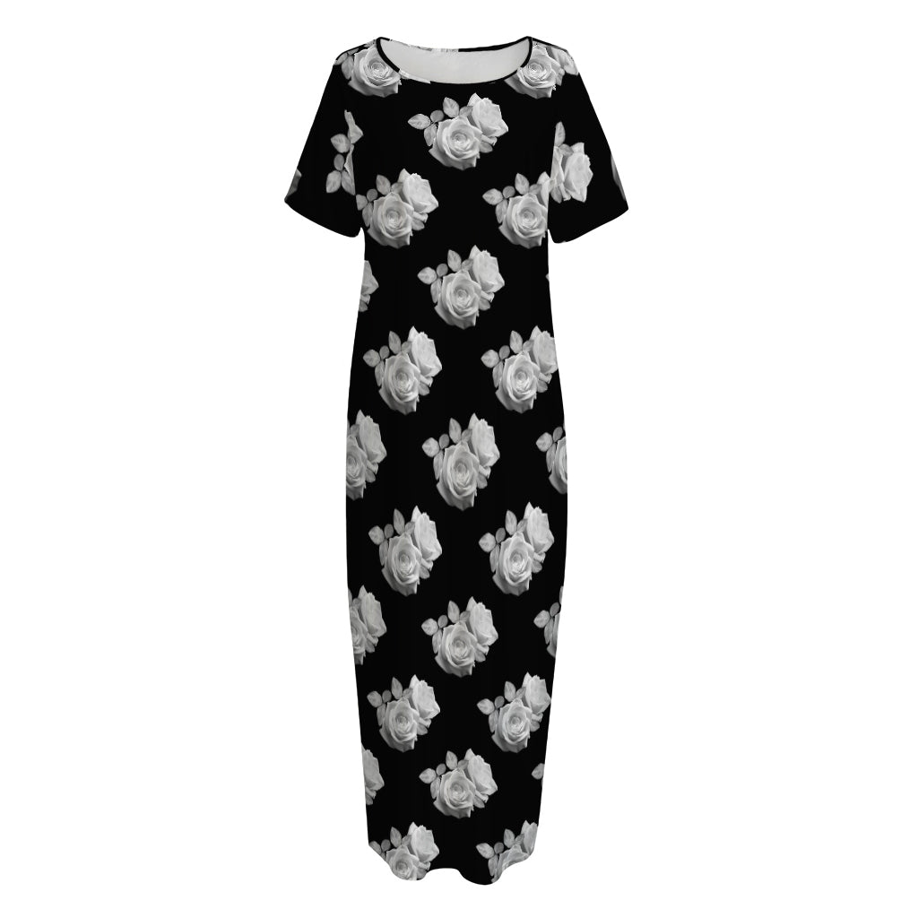 Monochrome Rose Pattern Print Short Sleeve Long Nightdress