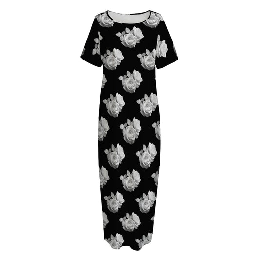 Monochrome Rose Pattern Print Short Sleeve Long Nightdress