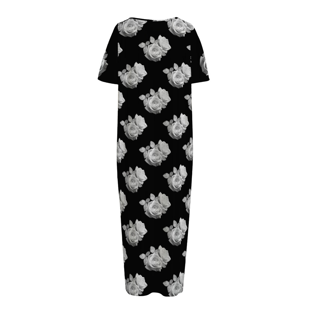Monochrome Rose Pattern Print Short Sleeve Long Nightdress
