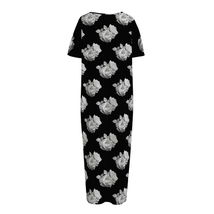 Monochrome Rose Pattern Print Short Sleeve Long Nightdress