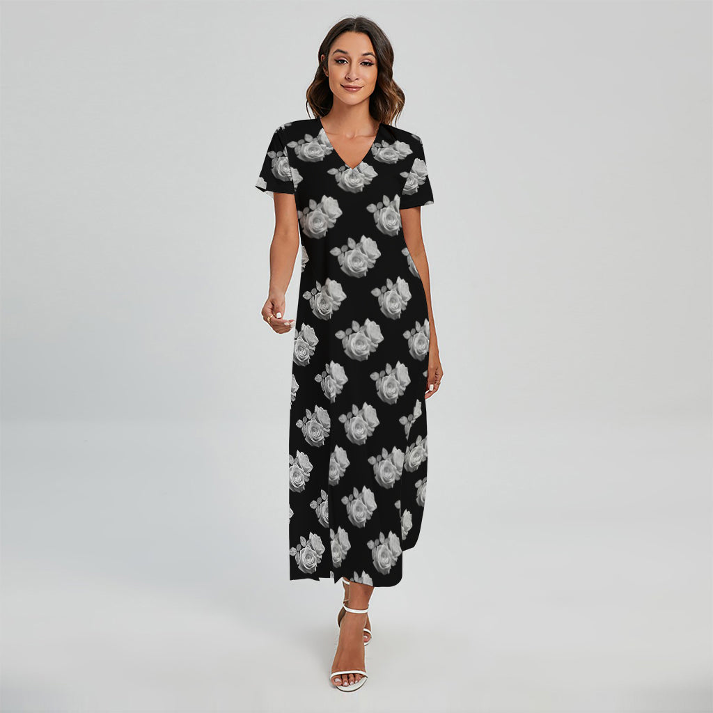 Monochrome Rose Pattern Print Short Sleeve Maxi Dress