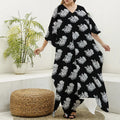 Monochrome Rose Pattern Print Silk V-Neck Kaftan Dress