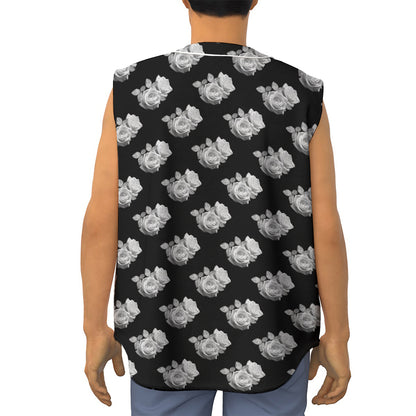 Monochrome Rose Pattern Print Sleeveless Baseball Jersey
