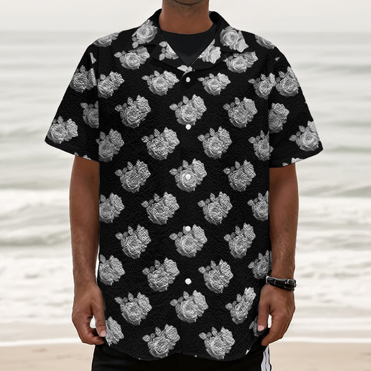 Monochrome Rose Pattern Print Textured Short Sleeve Shirt