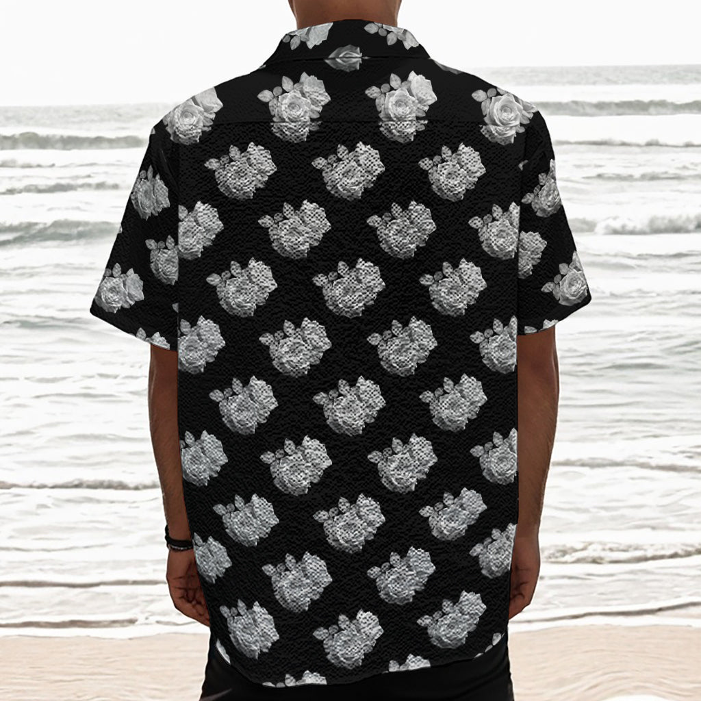 Monochrome Rose Pattern Print Textured Short Sleeve Shirt