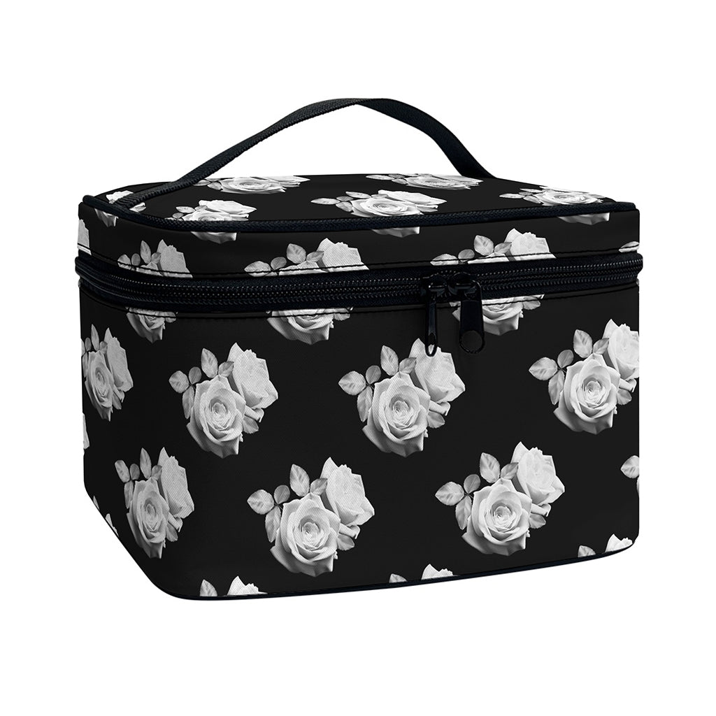 Monochrome Rose Pattern Print Travel Makeup Bag
