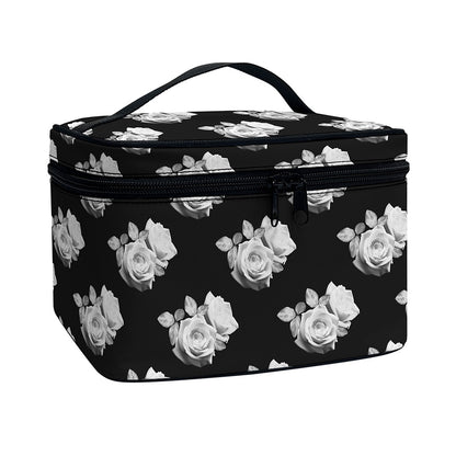 Monochrome Rose Pattern Print Travel Makeup Bag