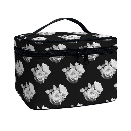 Monochrome Rose Pattern Print Travel Makeup Bag