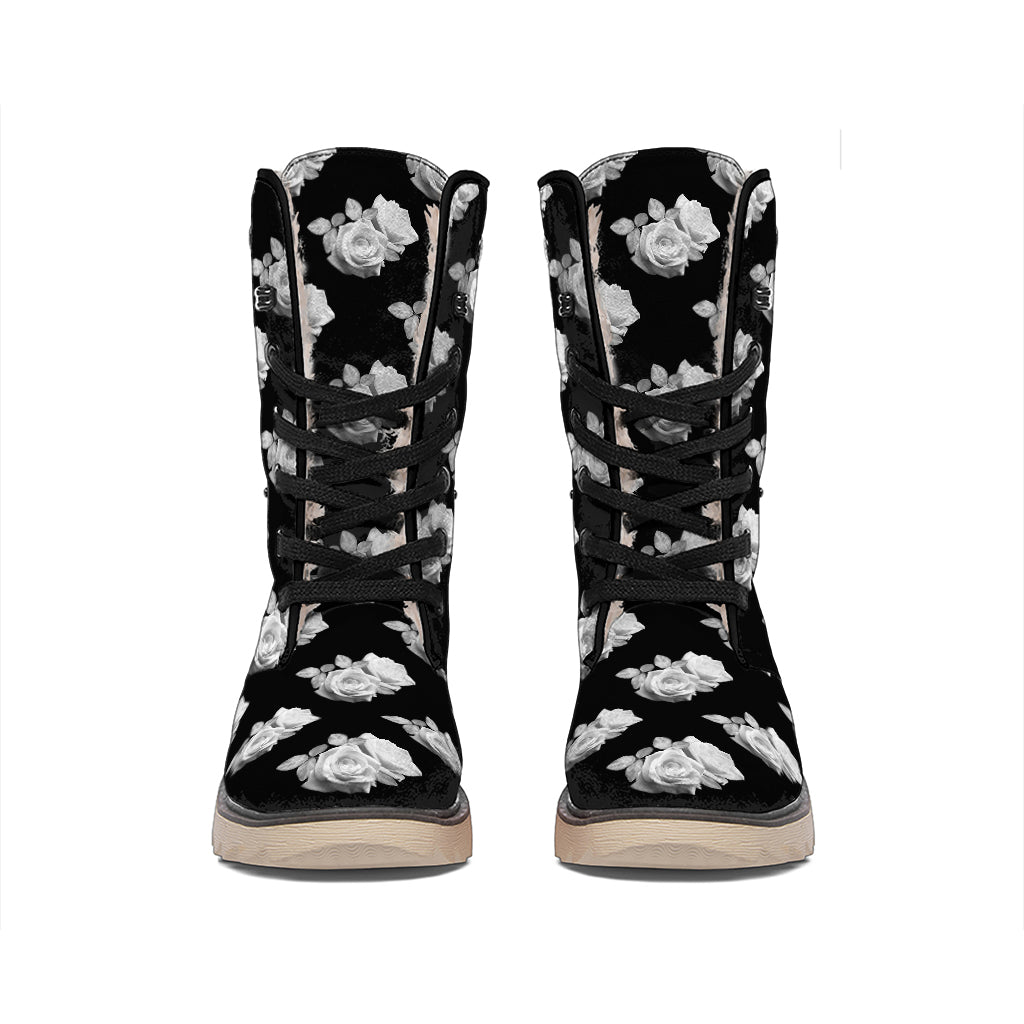 Monochrome Rose Pattern Print Winter Boots