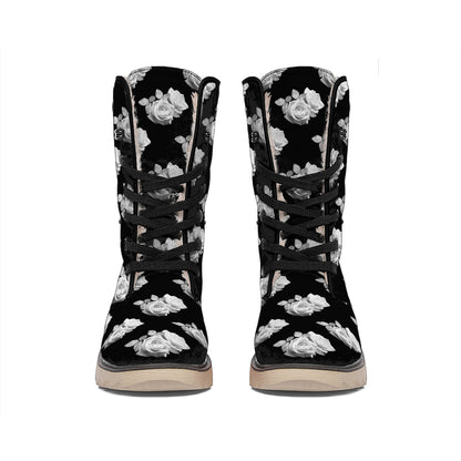 Monochrome Rose Pattern Print Winter Boots