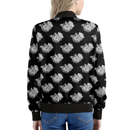 Monochrome Rose Pattern Print Women's Bomber Jacket