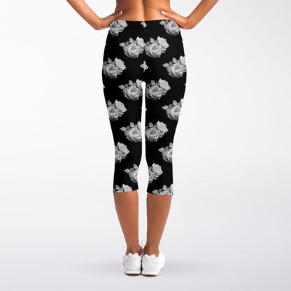 Monochrome Rose Pattern Print Women's Capri Leggings
