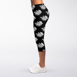 Monochrome Rose Pattern Print Women's Capri Leggings