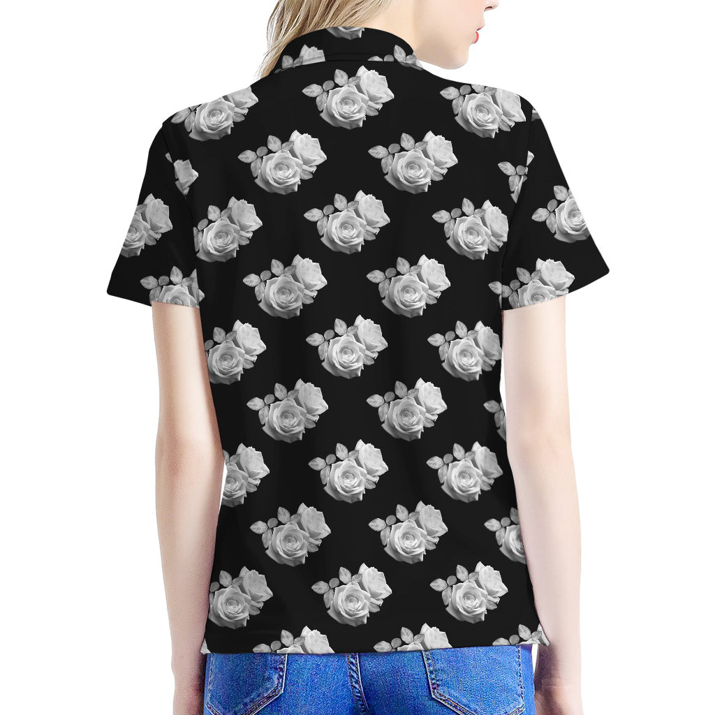 Monochrome Rose Pattern Print Women's Polo Shirt