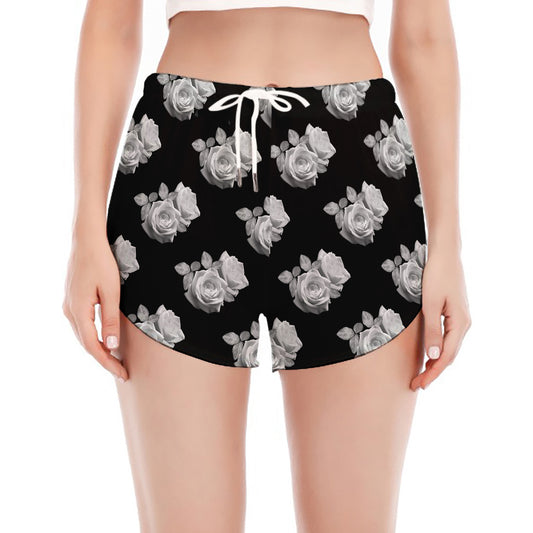 Monochrome Rose Pattern Print Women's Split Running Shorts