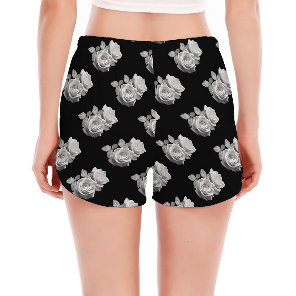 Monochrome Rose Pattern Print Women's Split Running Shorts