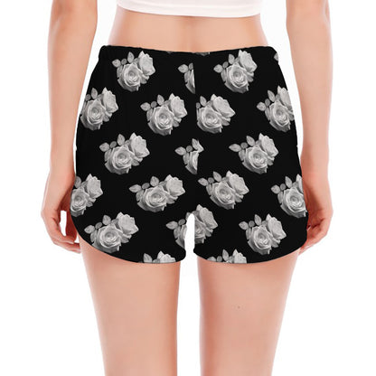 Monochrome Rose Pattern Print Women's Split Running Shorts