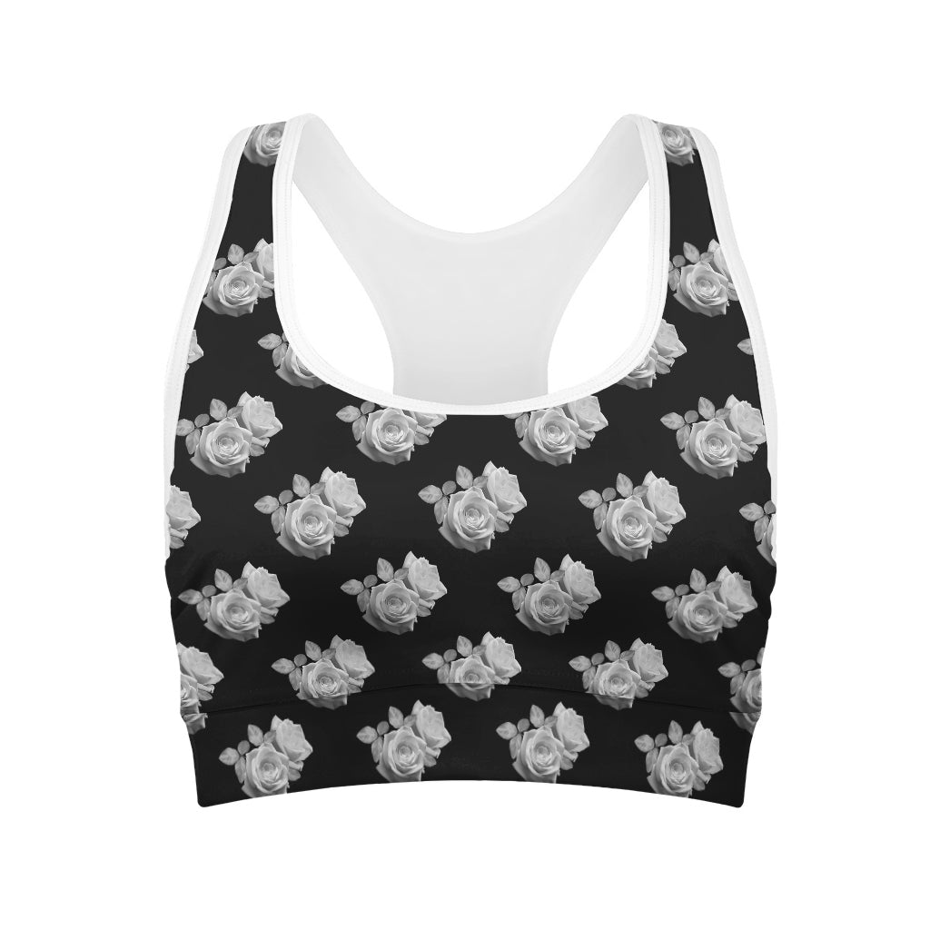 Monochrome Rose Pattern Print Women's Sports Bra