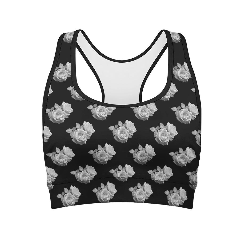 Monochrome Rose Pattern Print Women's Sports Bra