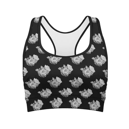 Monochrome Rose Pattern Print Women's Sports Bra