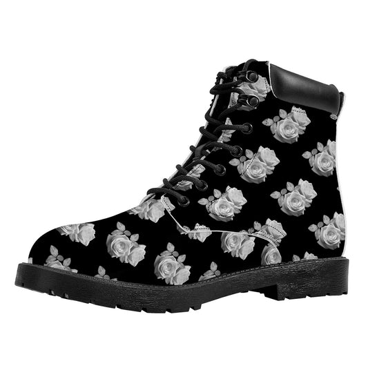 Monochrome Rose Pattern Print Work Boots