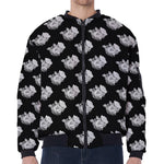 Monochrome Rose Pattern Print Zip Sleeve Bomber Jacket