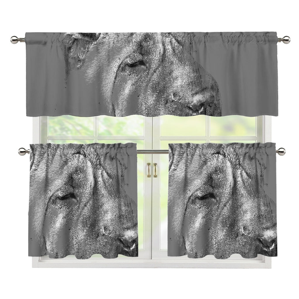 Monochrome Shar Pei Print 3 Piece Kitchen Curtains