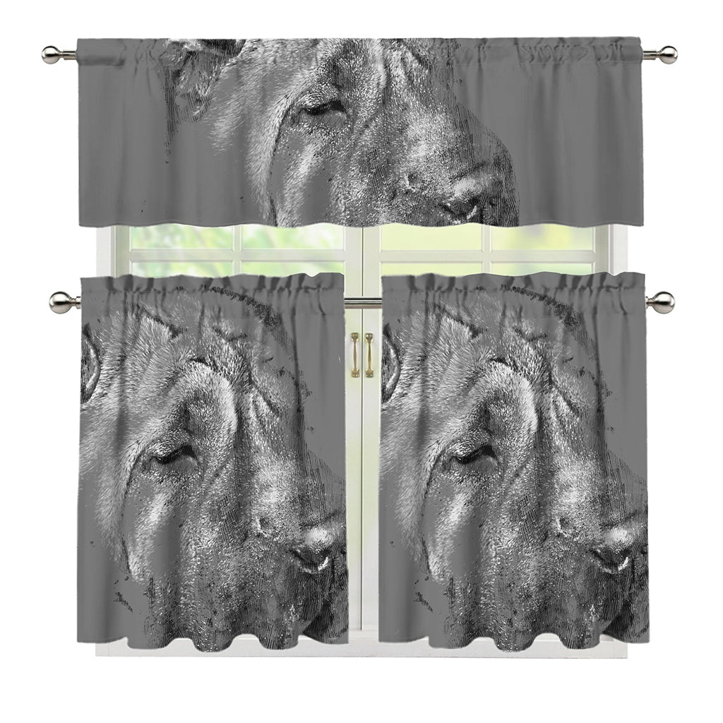 Monochrome Shar Pei Print 3 Piece Kitchen Curtains