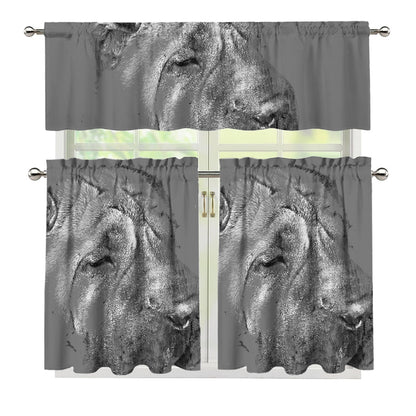 Monochrome Shar Pei Print 3 Piece Kitchen Curtains