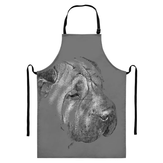 Monochrome Shar Pei Print Bib Apron With Pocket