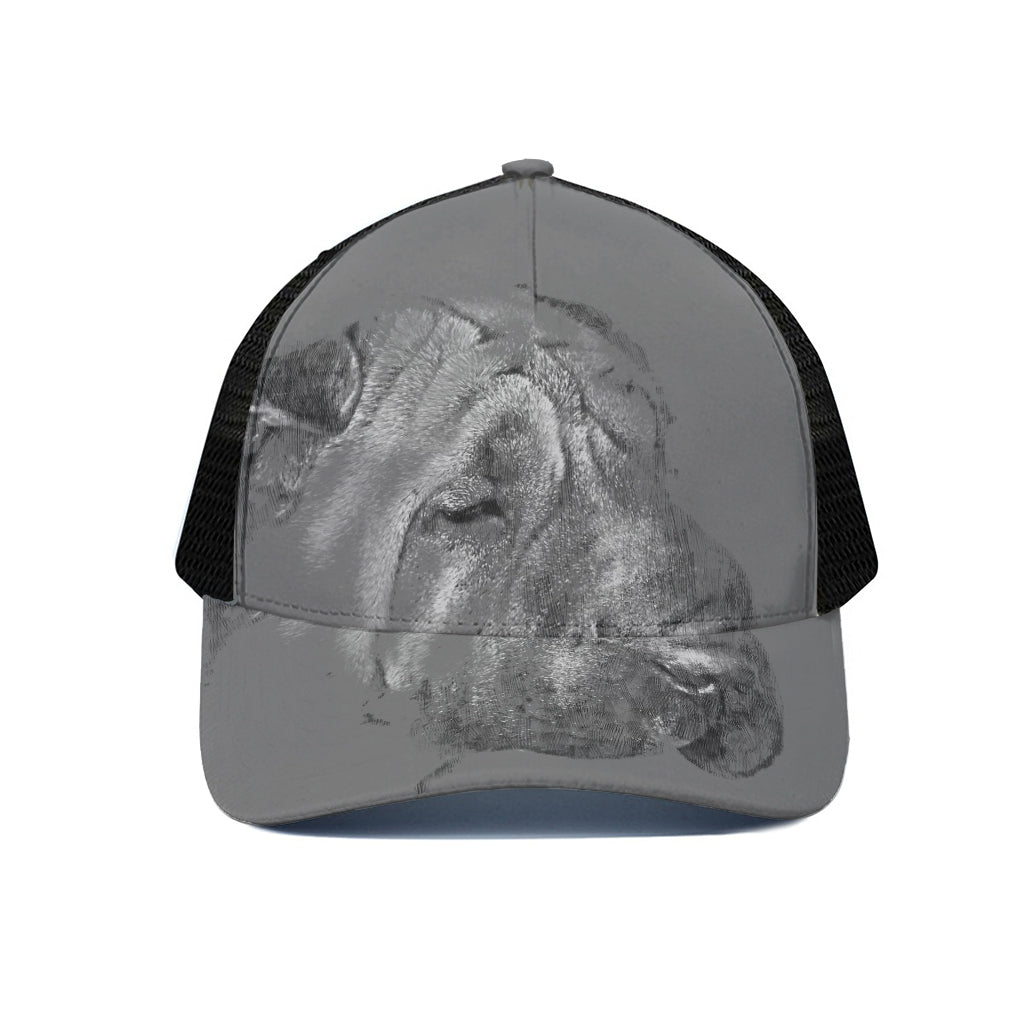 Monochrome Shar Pei Print Black Mesh Trucker Cap
