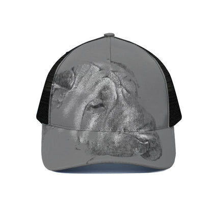 Monochrome Shar Pei Print Black Mesh Trucker Cap