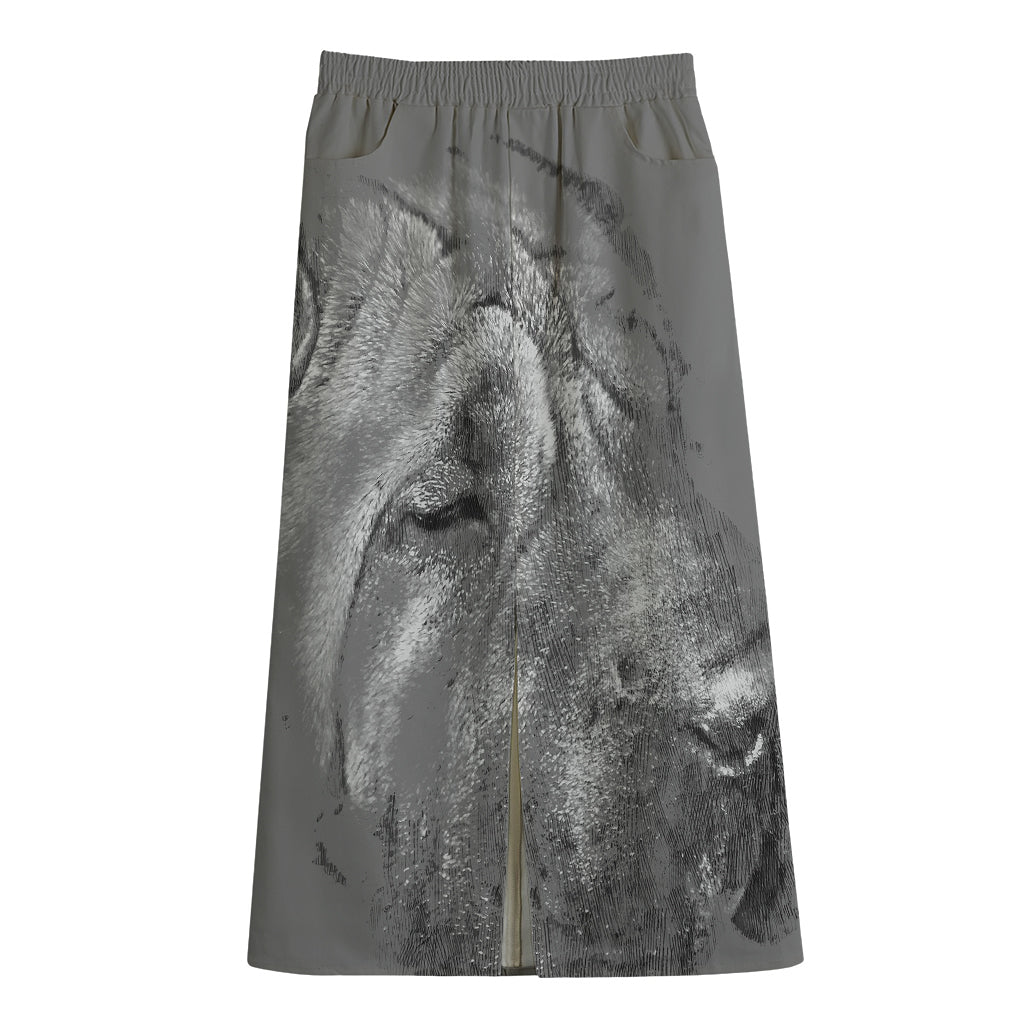 Monochrome Shar Pei Print Cotton Front Slit Maxi Skirt