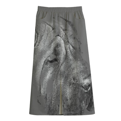 Monochrome Shar Pei Print Cotton Front Slit Maxi Skirt