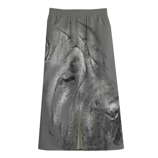 Monochrome Shar Pei Print Cotton Front Slit Maxi Skirt