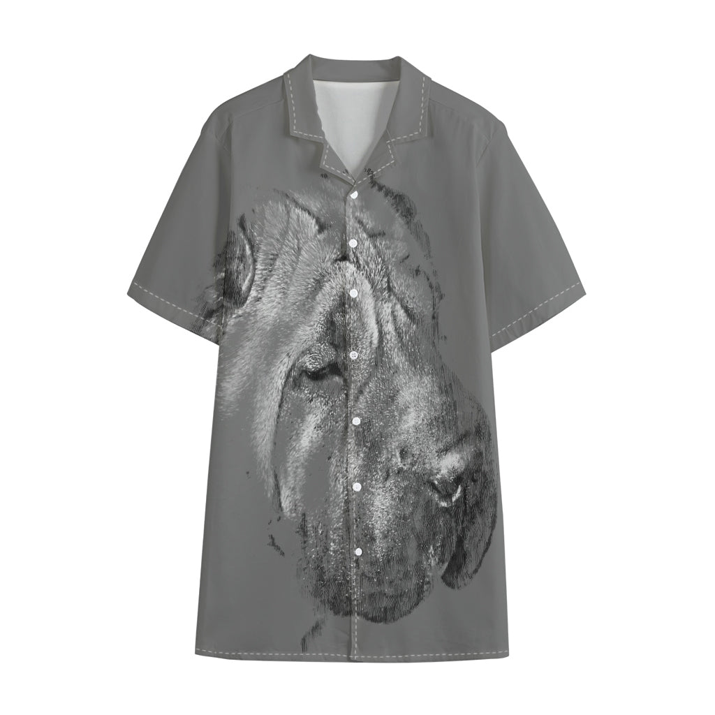 Monochrome Shar Pei Print Cotton Hawaiian Shirt