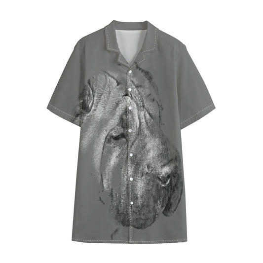 Monochrome Shar Pei Print Cotton Hawaiian Shirt