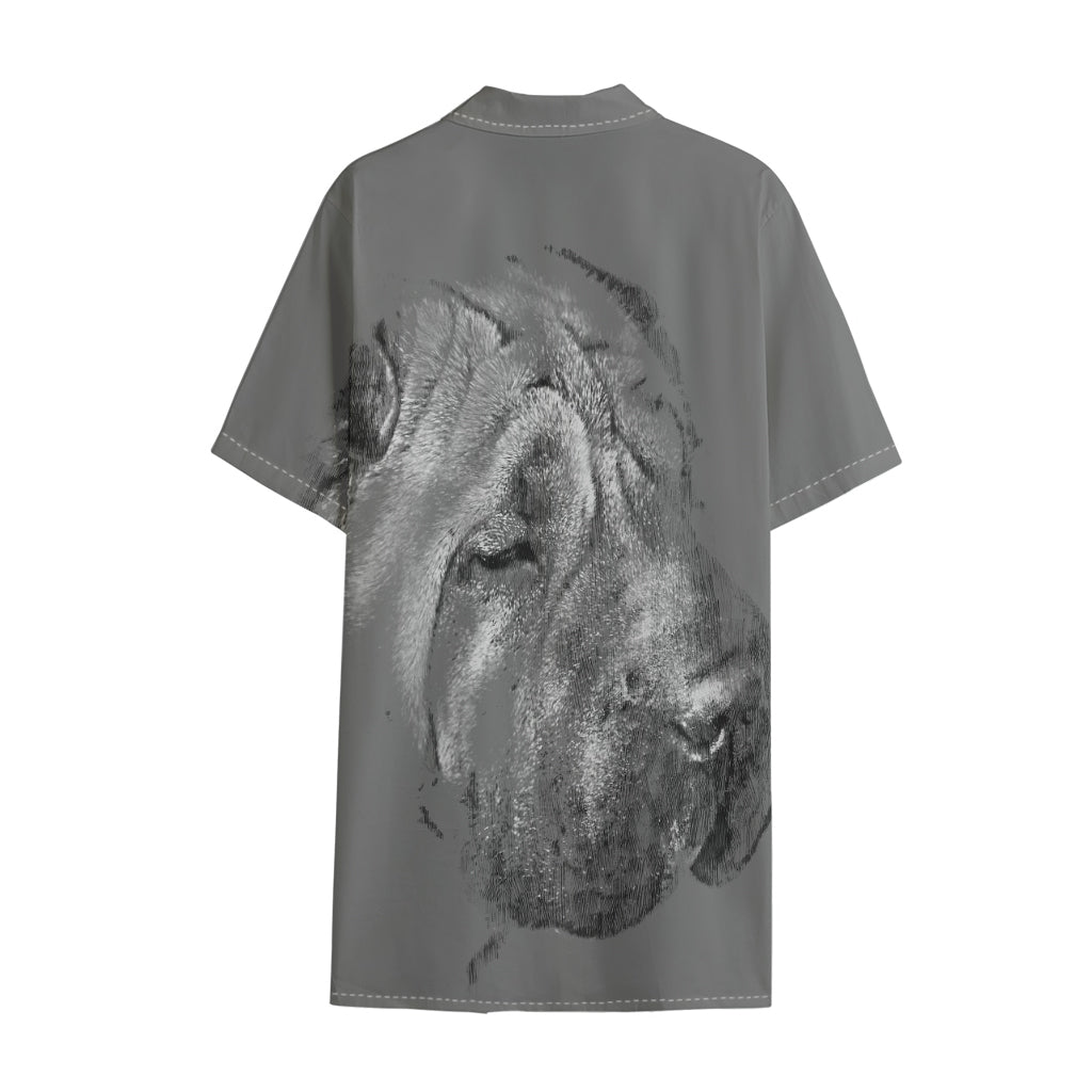 Monochrome Shar Pei Print Cotton Hawaiian Shirt
