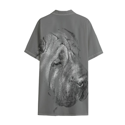 Monochrome Shar Pei Print Cotton Hawaiian Shirt