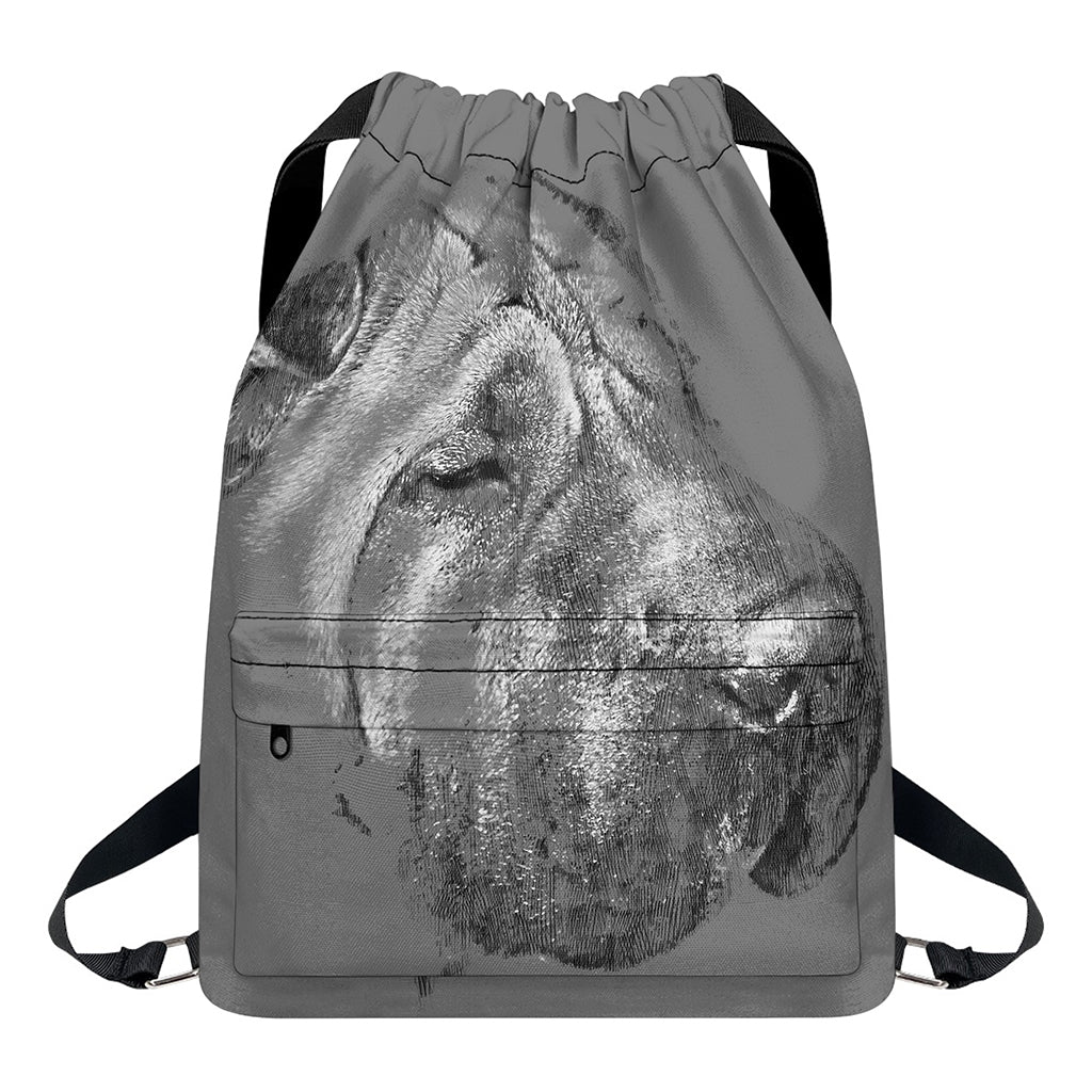 Monochrome Shar Pei Print Drawstring Backpack