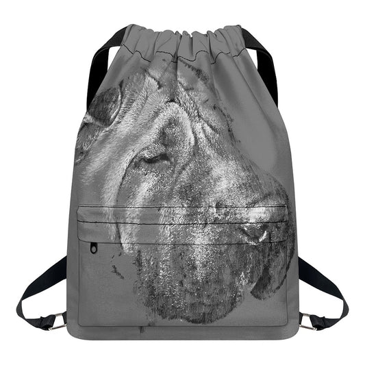 Monochrome Shar Pei Print Drawstring Backpack