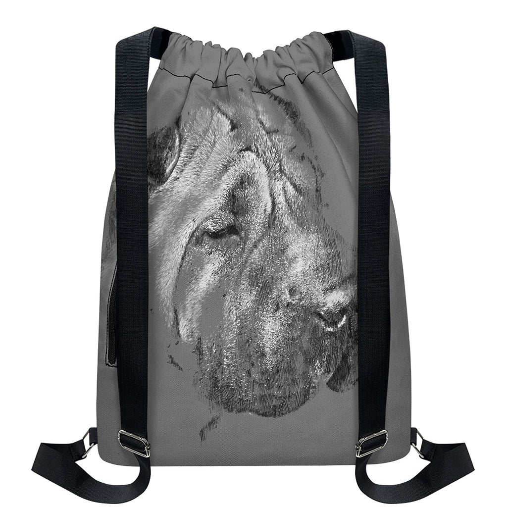 Monochrome Shar Pei Print Drawstring Backpack