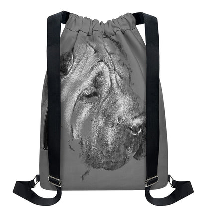 Monochrome Shar Pei Print Drawstring Backpack