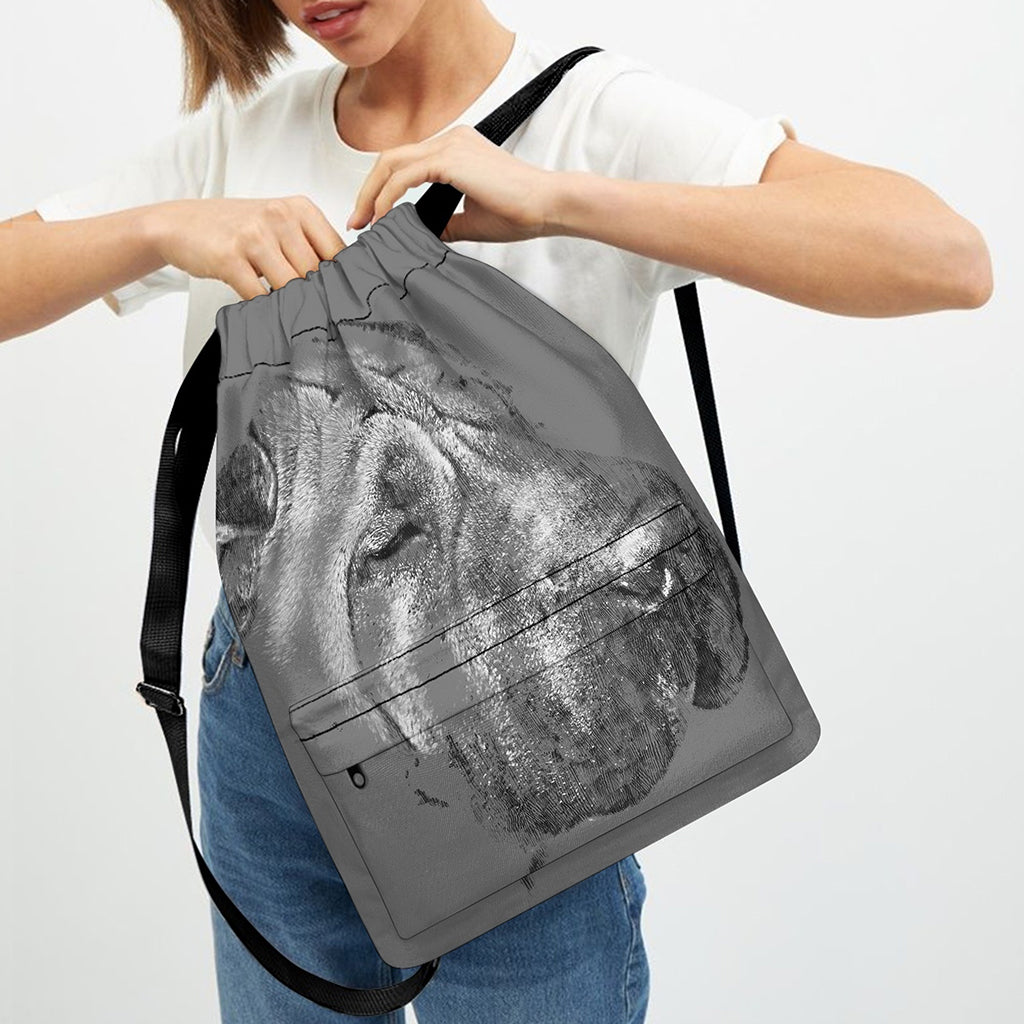 Monochrome Shar Pei Print Drawstring Backpack