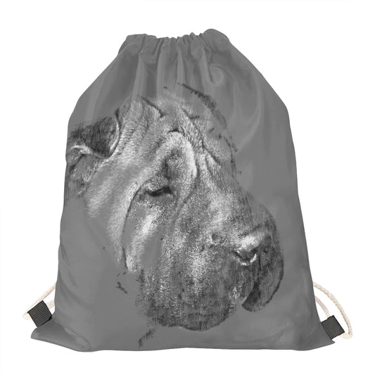 Monochrome Shar Pei Print Drawstring Bag