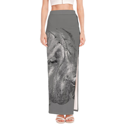 Monochrome Shar Pei Print High Slit Maxi Skirt