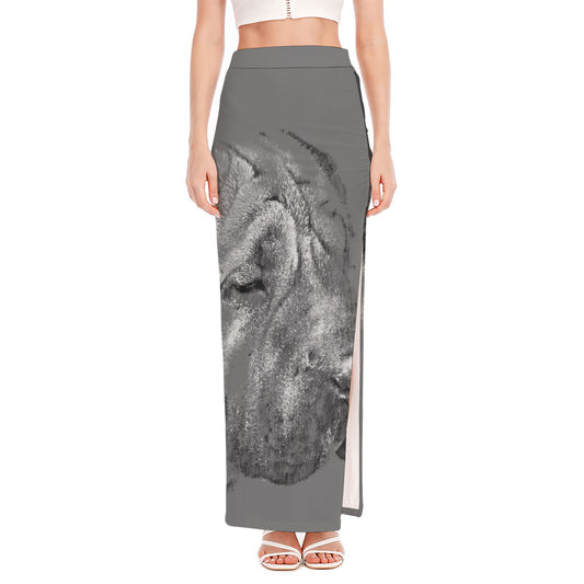 Monochrome Shar Pei Print High Slit Maxi Skirt