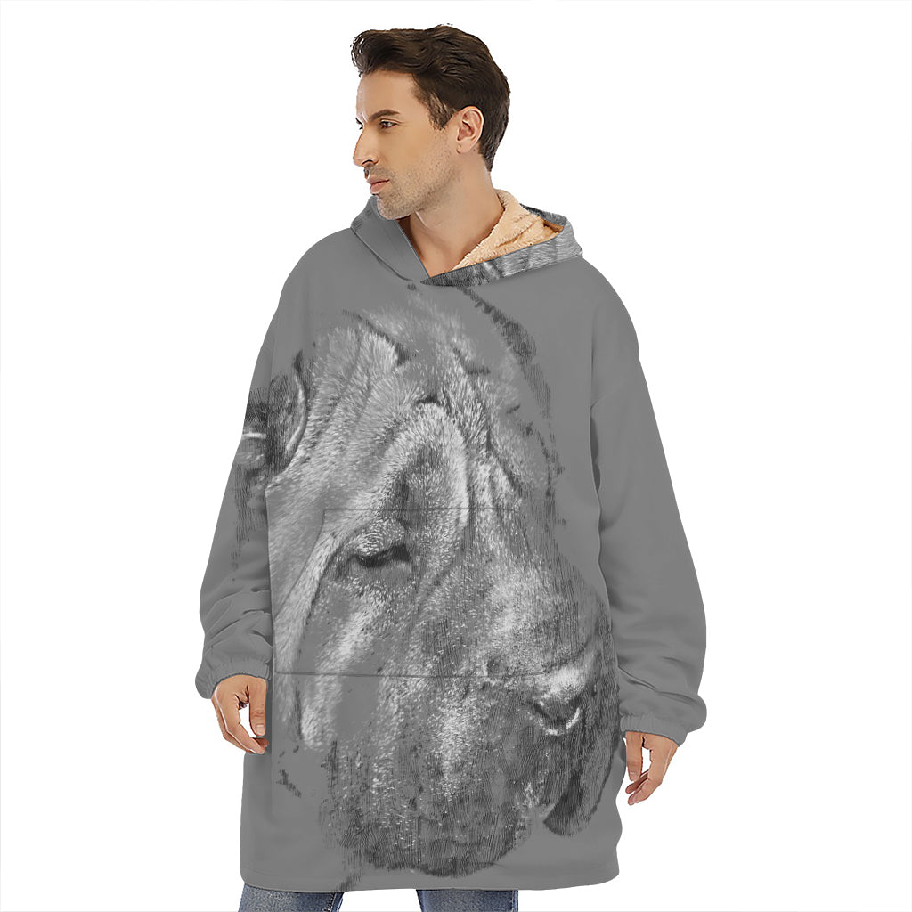 Monochrome Shar Pei Print Hoodie Blanket